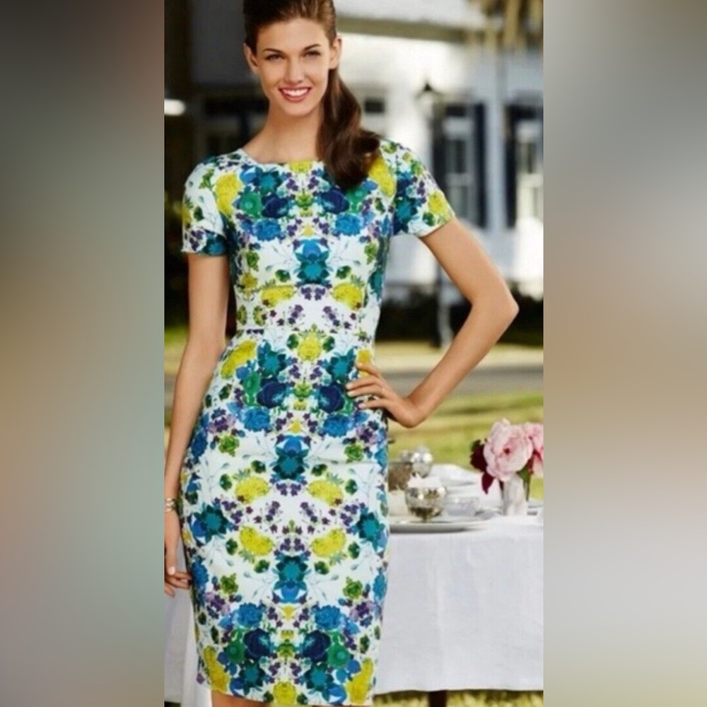 Talbots Blue and Green Floral Sheath Dress Short Sleeve Square Neckline